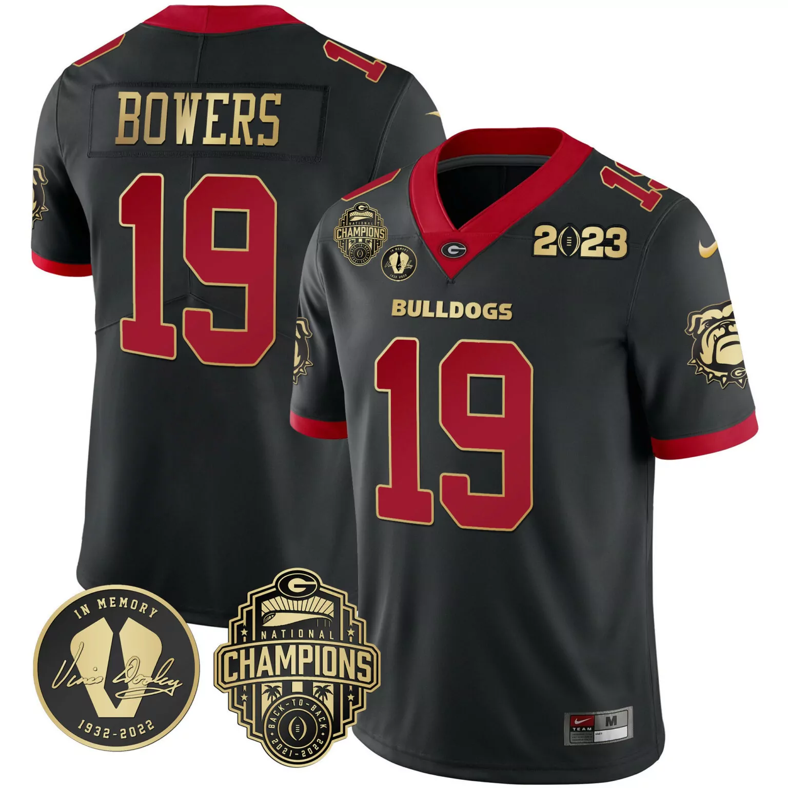 Brock Bowers 19 Georgia Bulldogs Jersey Black National Champions Vince Dooley Memorial 2021-2022 2023