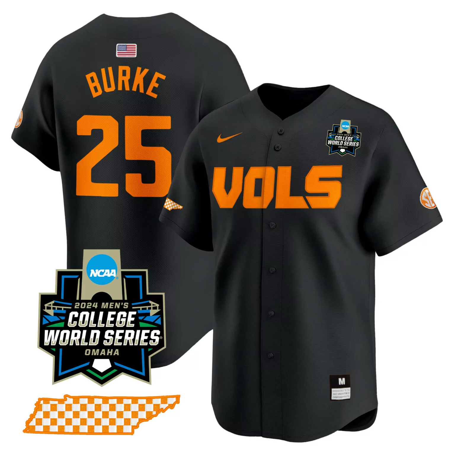 Blake Burke 25 Jersey Black College World Series Tennessee Volunteers American Flag 2024