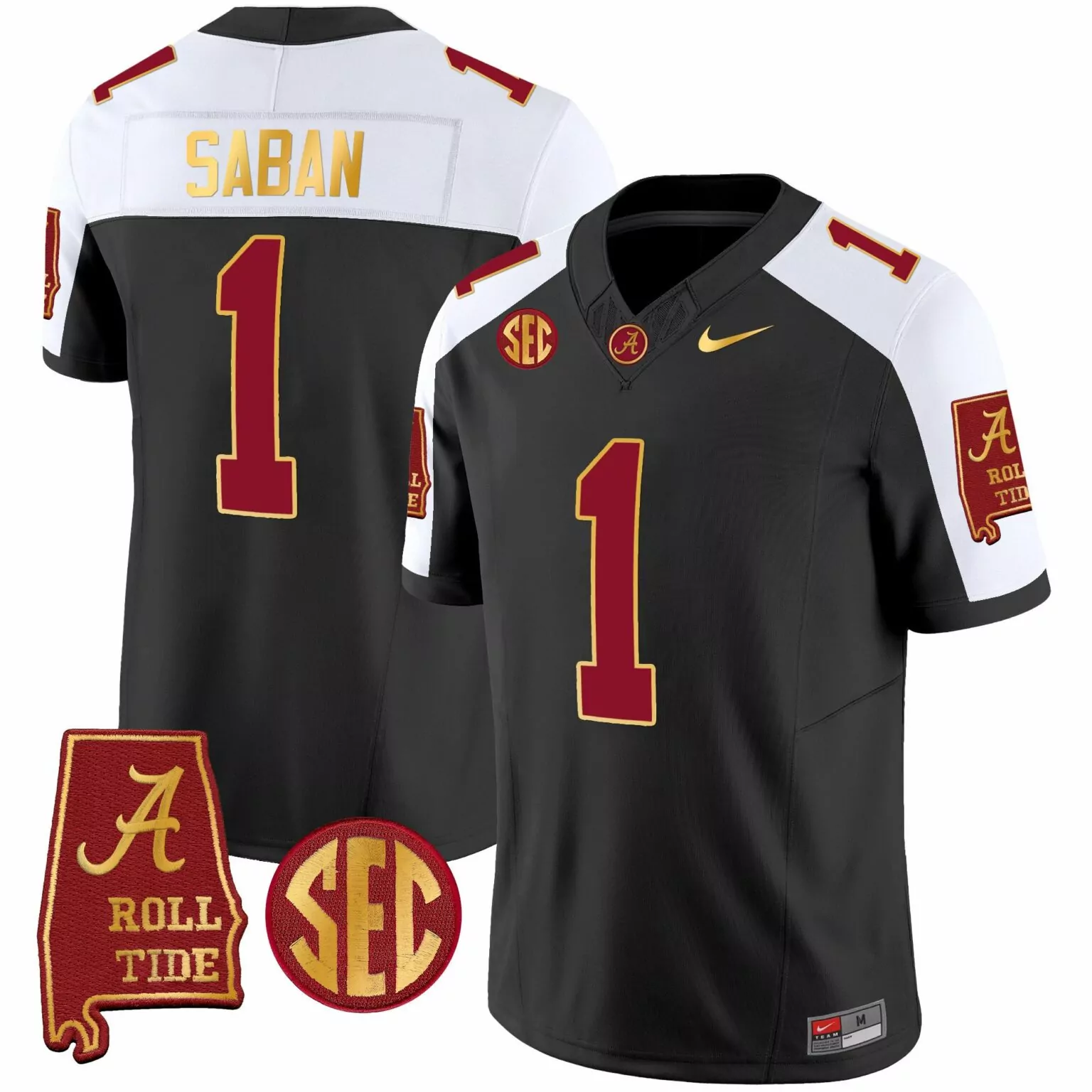 Nick Saban 1 Alabama Crimson Tide Jersey Black Roll Men White Maroon Gold Alternate