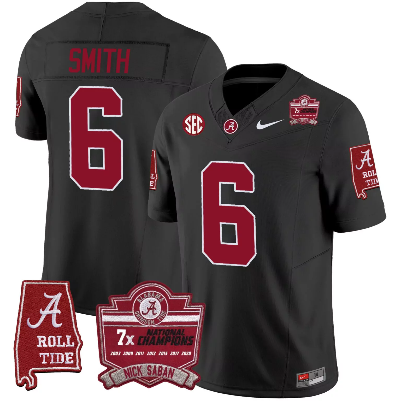 Devonta Smith 6 Jersey Black Nick Saban 7x National Champions Alabama Crimson Tide Roll 2020