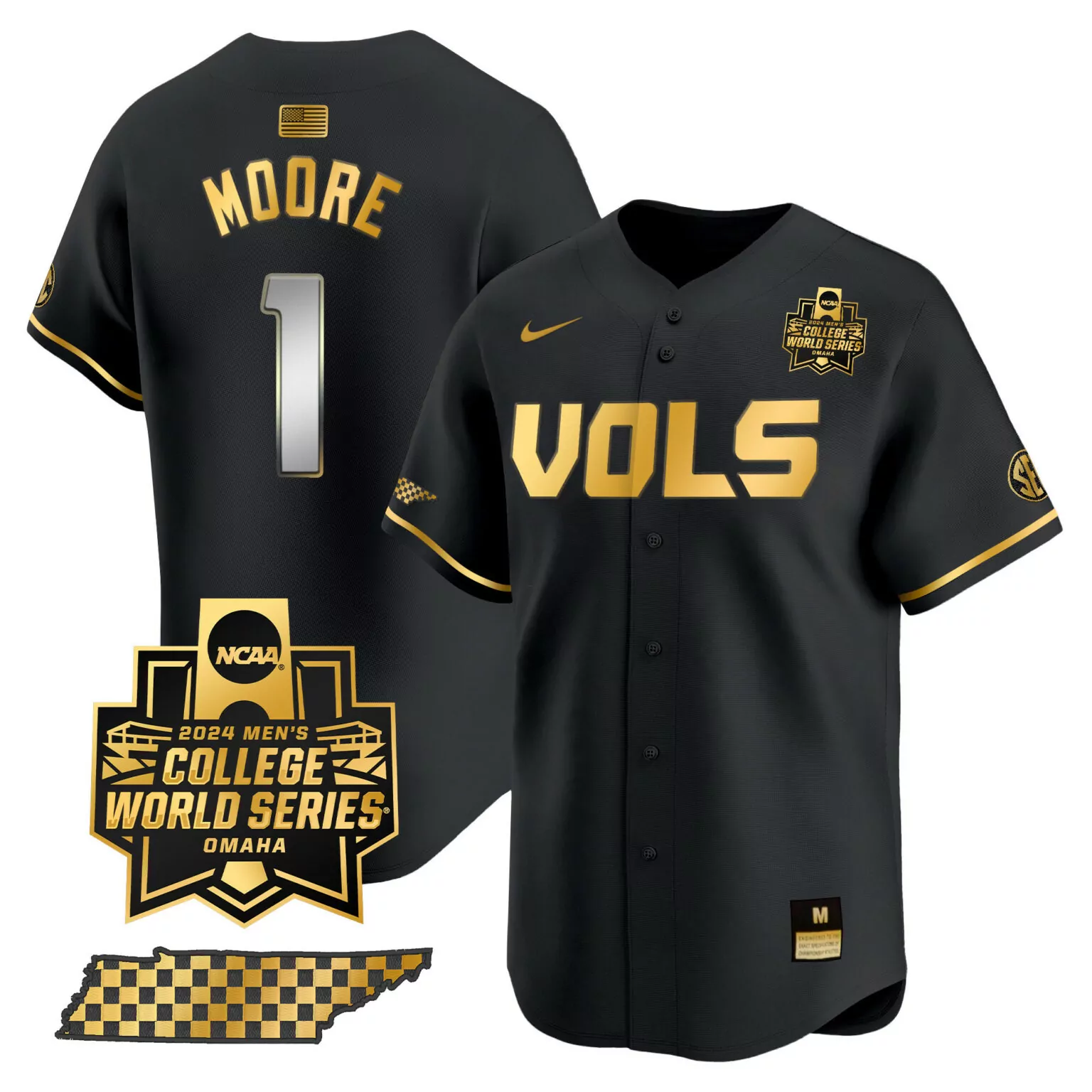 Christian Moore 1 Jersey Black 2024 College World Series Tennessee Volunteers Men