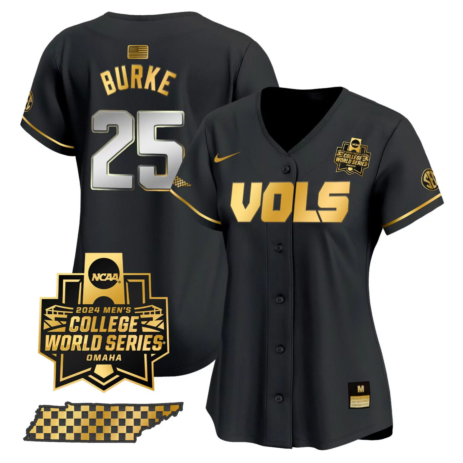 Blake Burke 25 Jersey Black College World Series Tennessee Volunteers 2024 Men Gold