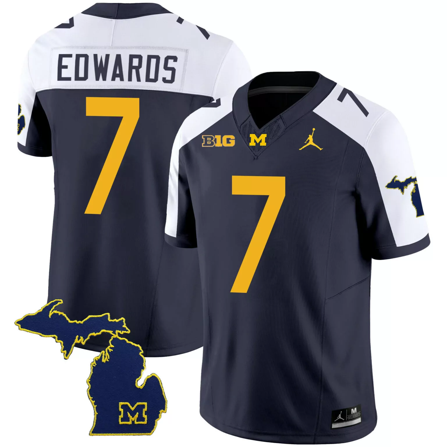 Donovan Edwards 7 Jersey Navy Blue Jumpman Michigan Wolverines State Outline 2023
