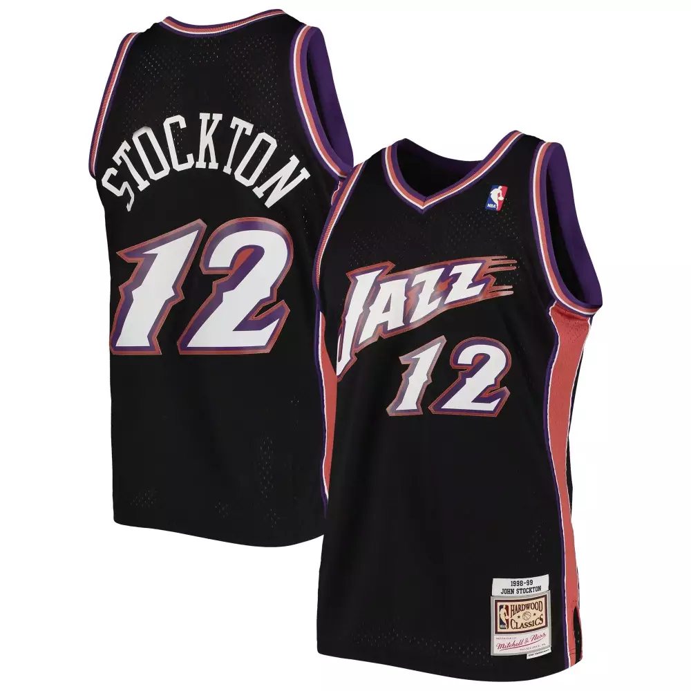 John Stockton 12 Jazz Jersey Black 1998-99 Hardwood Classics Mitchell Ness 1998 Men