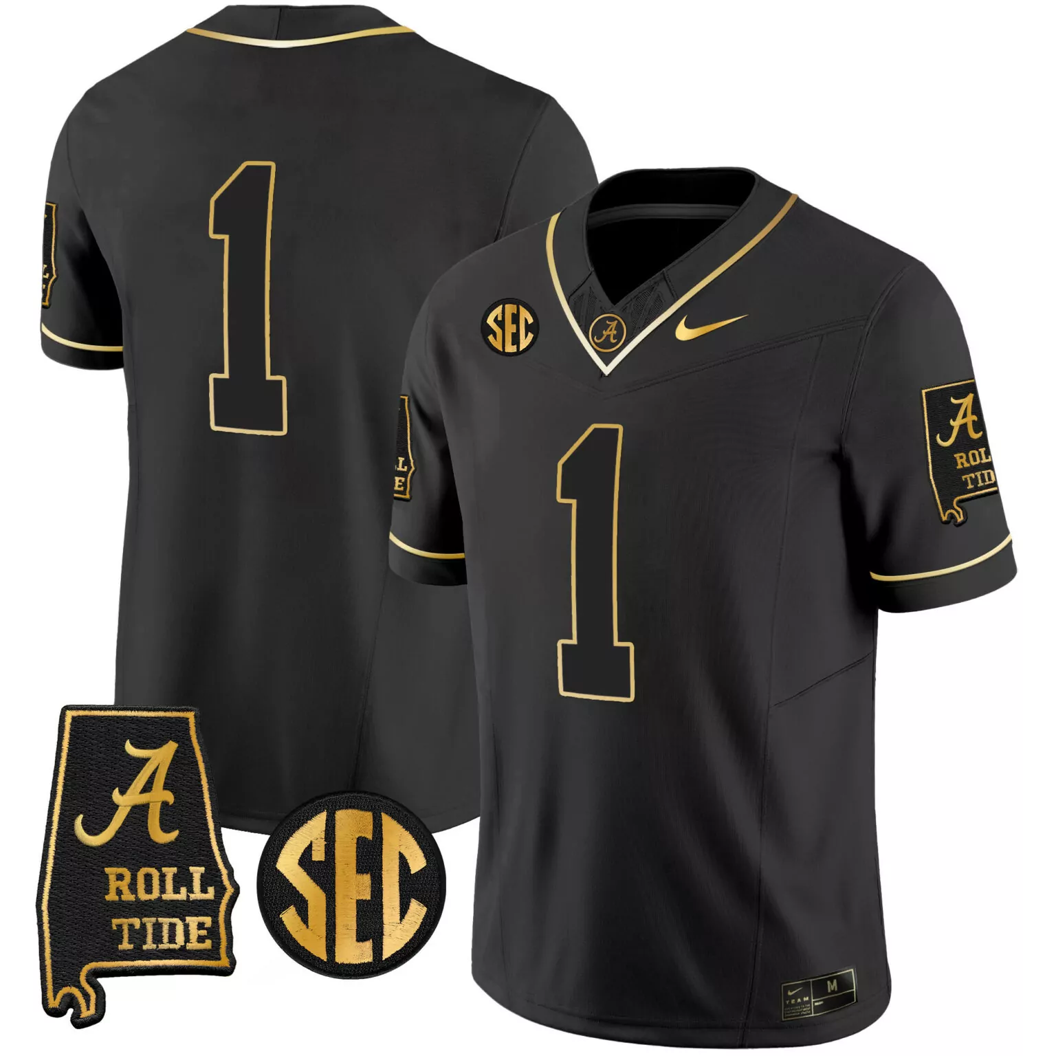 Alabama 1 Jersey Black SEC Championship Men Gold Vapor v3 All Stitched