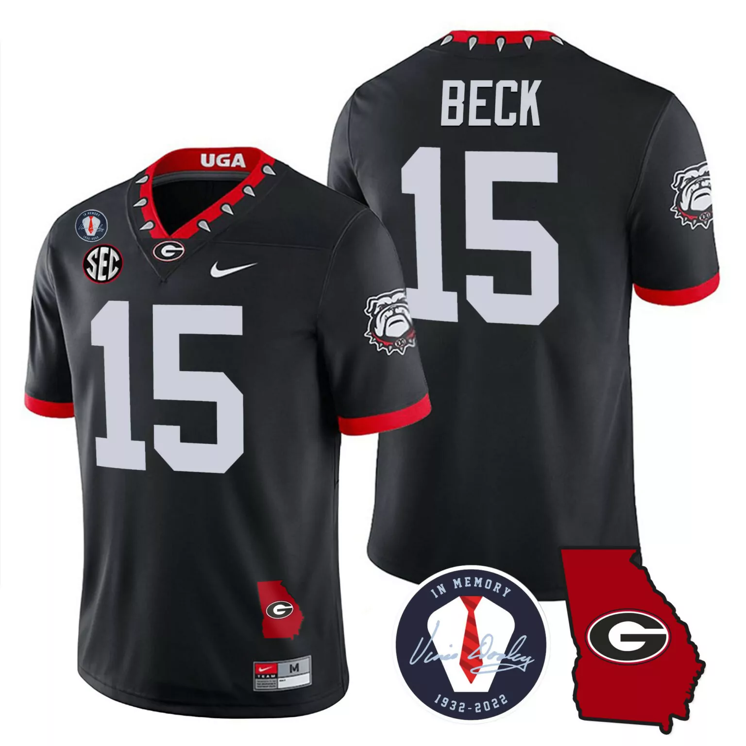 Carson Beck 15 Uga Georgia Jersey Black In Memory Vinny Dooley Bulldogs 1932-2022