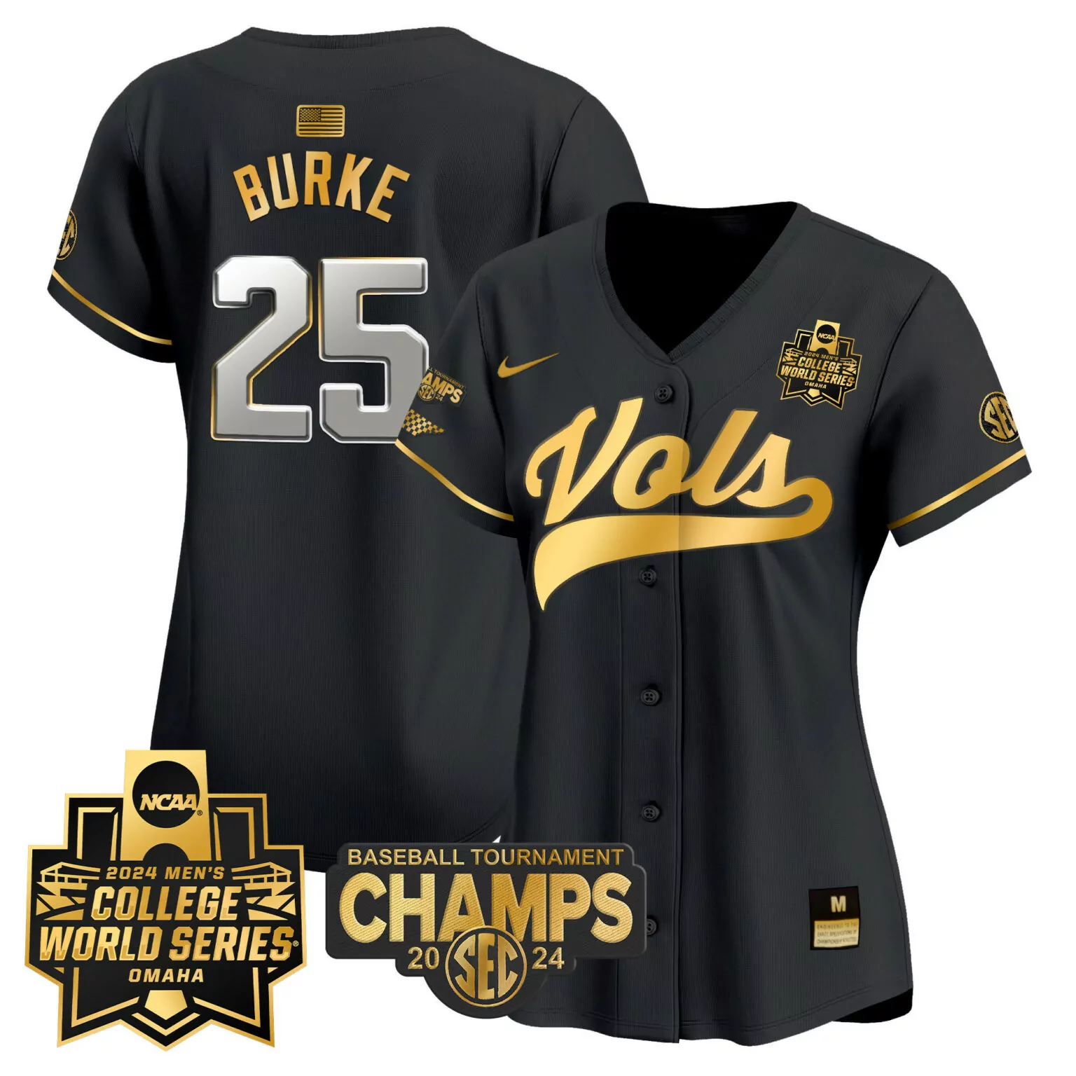 Blake Burke 25 Jersey Black 2024 College World Series Champions Tennessee Volunteers Baseball Tournament Champs