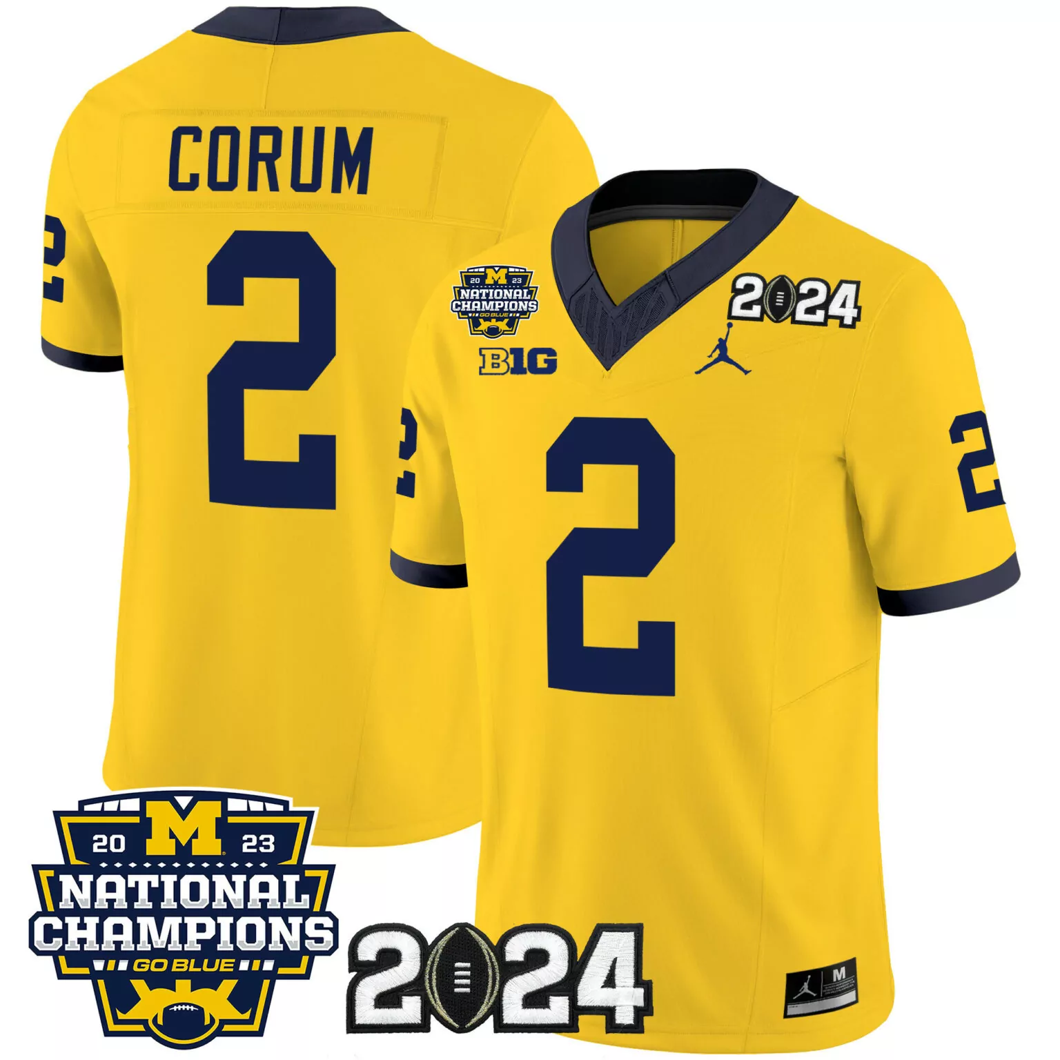 Corum 2 Michigan Wolverines Jersey Yellow 2024 National Champions 2023 Men Navy Blue