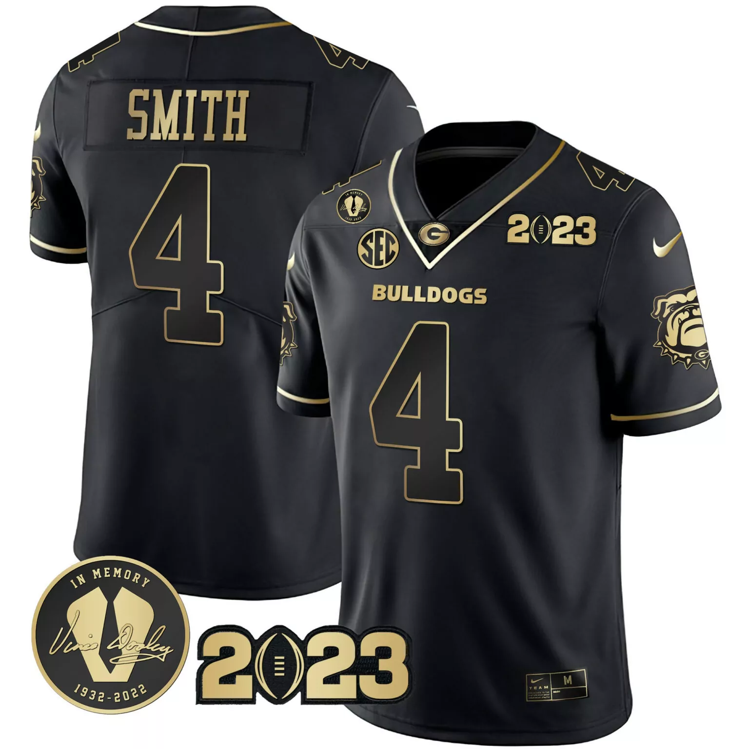Nolan Smith 4 Georgia Bulldogs Jersey Black 2023 Championship Memory Vince Dooley 1932-2022