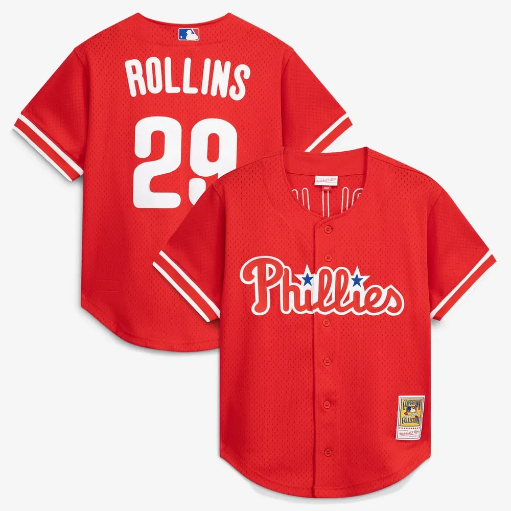 Jimmy Rollins Philadelphia Phillies Mitchell & Ness Cooperstown Mesh Batting Practice Button-Up Jersey - Red